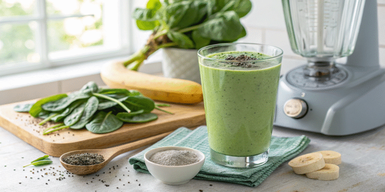 Green protein smoothie in glass with chia seeds and banana slice, fresh spinach, protein powder, and Vitamix blender in background.