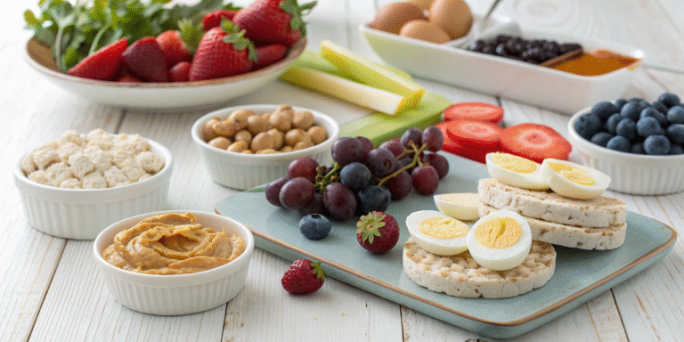 Low FODMAP snacks and meal ideas on a table