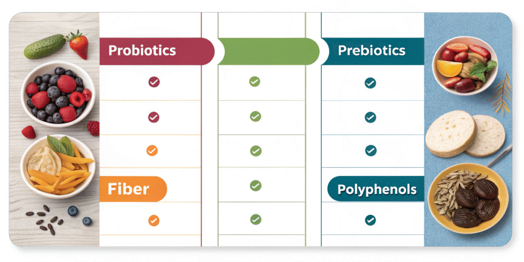 Chart of gut-friendly foods like probiotics, fiber, and prebiotics