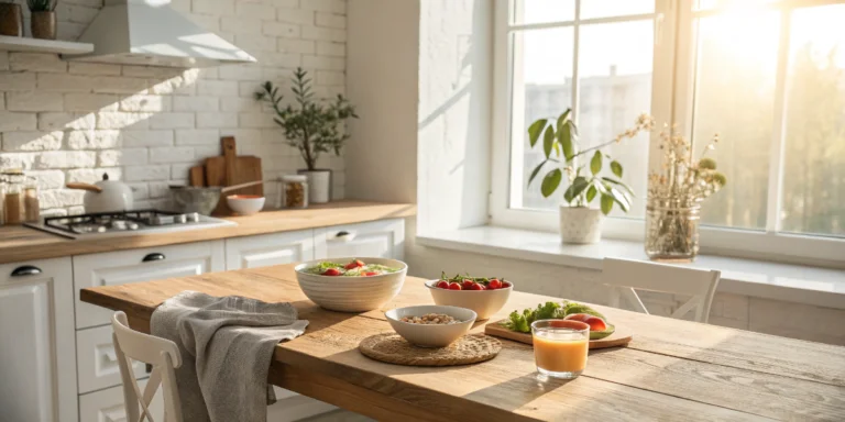 Meal timing for gut health morning routine with balanced breakfast in natural sunlight